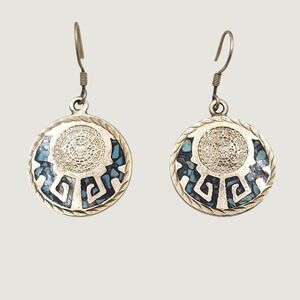 Vintage Mexican Aztec Calendar Turquoise Inlay‎ Sun Stone Drop Earrings Silver